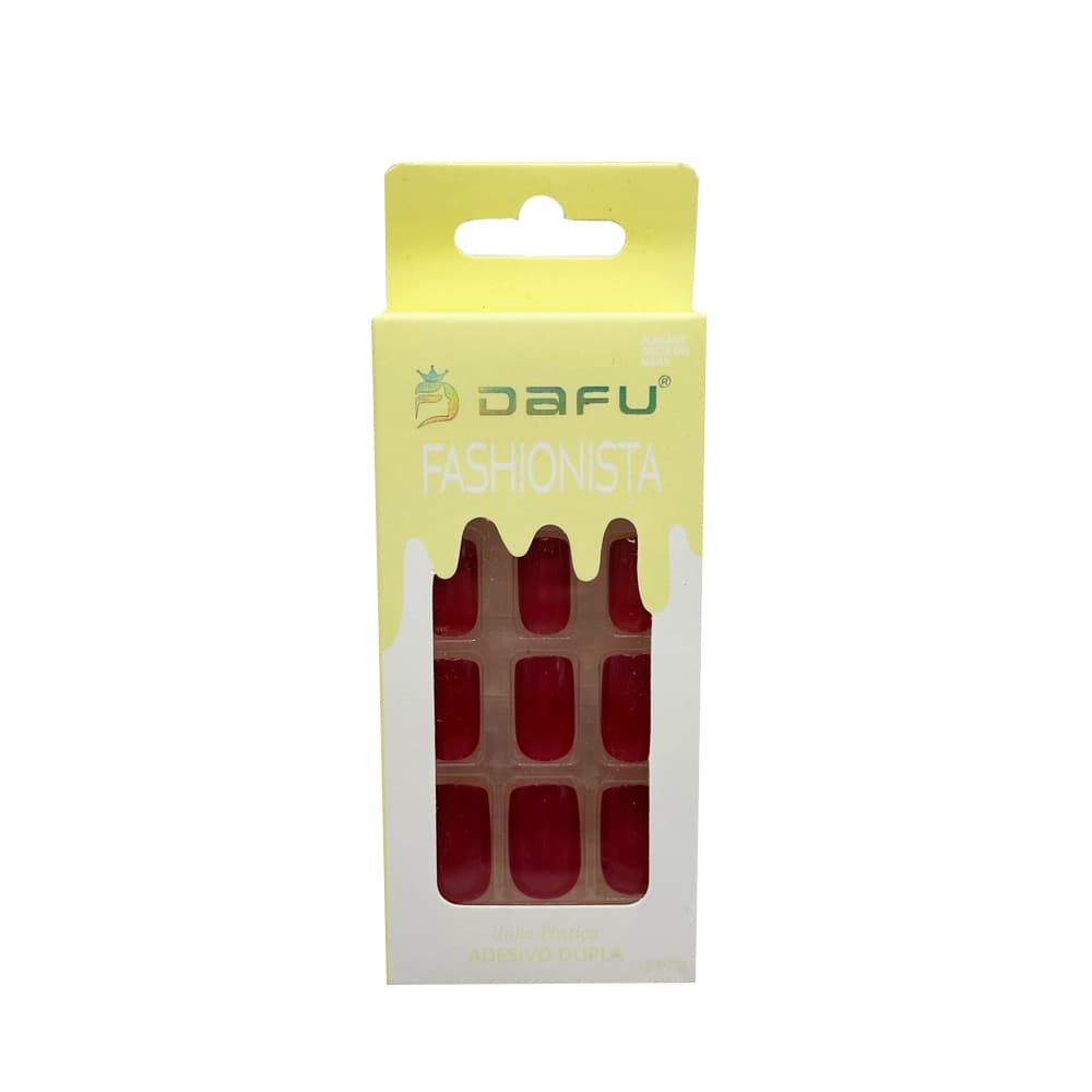 Unha Postiça Vermelho Quadrada Fashionista Dafu 12 unidades